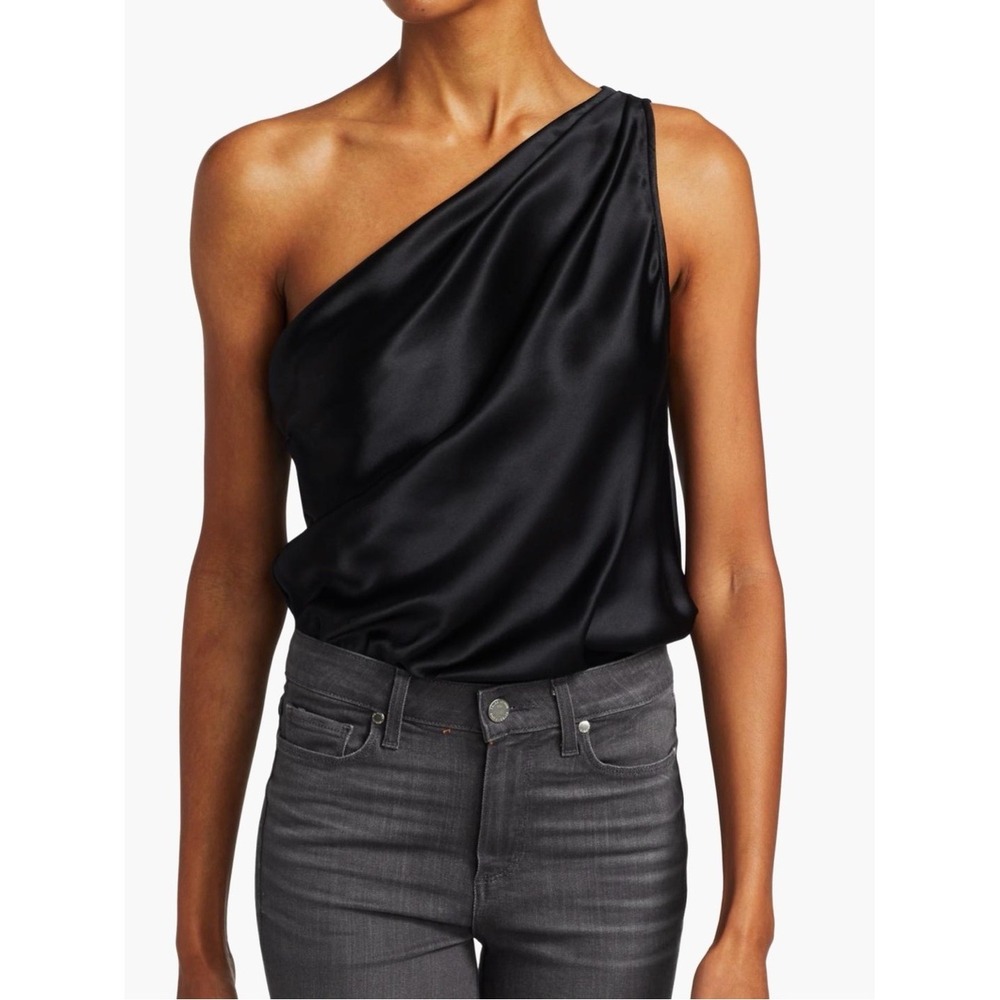 CAMI NYC  Black Silk One Shoulder Bodysuit Draped Satin Evening Party Top